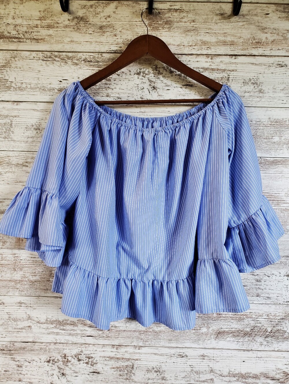 Style Envy Striped Off The Shoulder Ruffle Blouse Tiered Flounce Top Vacation - Picture 4 of 12